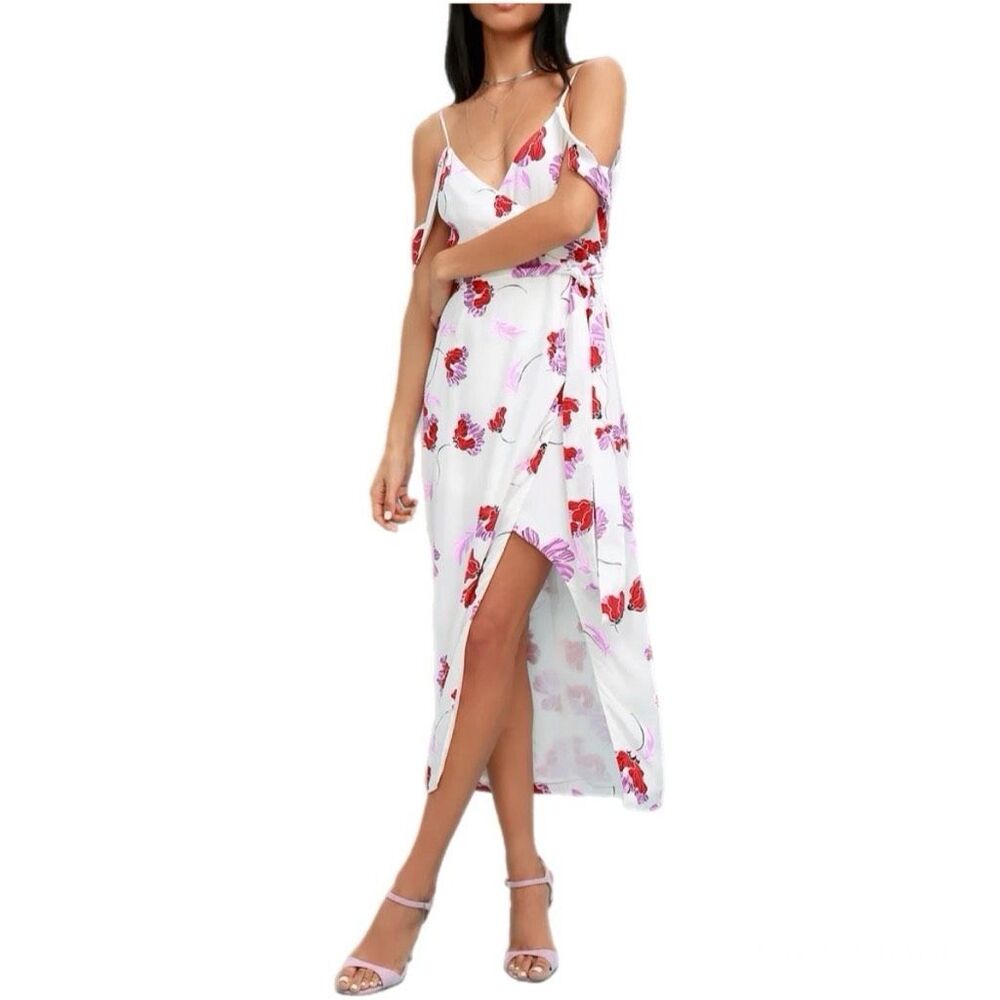 NWT Bardot Camellia White Floral Print Off-the-Shoulder Wrap Dress Size 6
